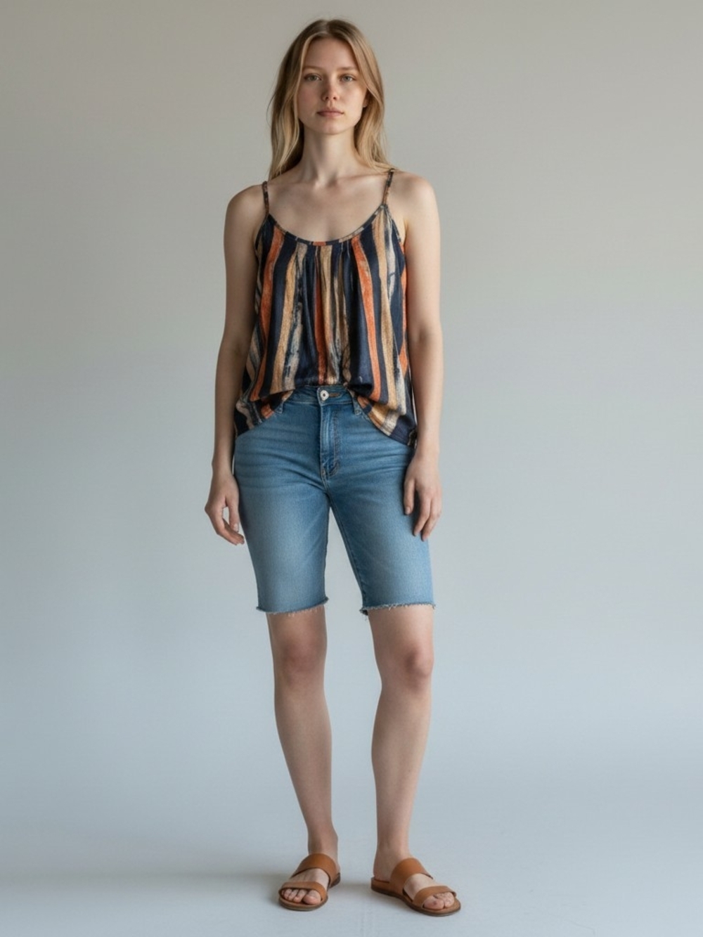 Striped Spaghetti Strap Tank Top - Multicolor (Orange, Navy, Beige)